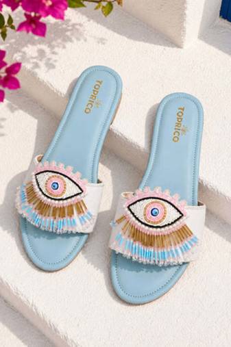 Blue beaded faux leather evil eye flats for women