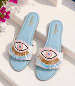 Blue beaded faux leather evil eye flats for women