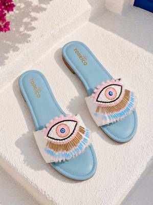 Blue beaded faux leather evil eye flats for women 2