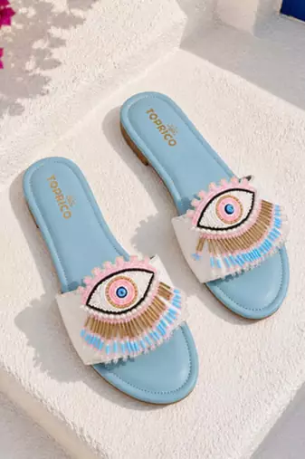 Blue beaded faux leather evil eye flats for women