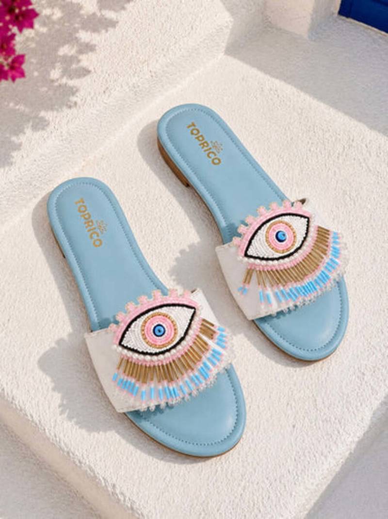 Blue beaded faux leather evil eye flats for women