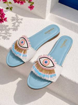Blue beaded faux leather evil eye flats for women 3