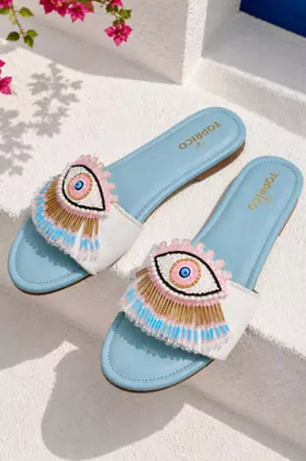 Blue beaded faux leather evil eye flats for women