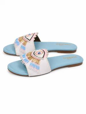Blue beaded faux leather evil eye flats for women 4