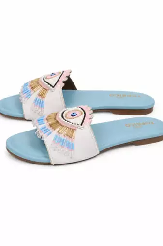 Blue beaded faux leather evil eye flats for women