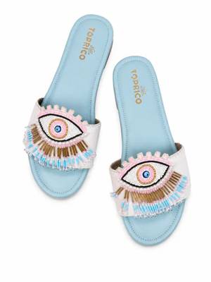 Blue beaded faux leather evil eye flats for women 5