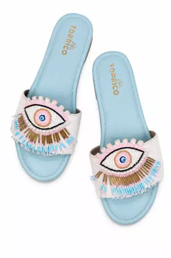 Blue beaded faux leather evil eye flats for women