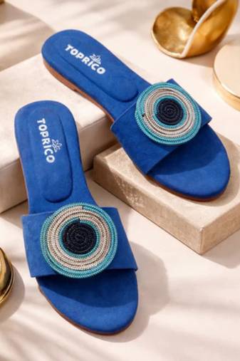 Blue beaded faux leather evil eye flats for women