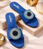 Blue beaded faux leather evil eye flats for women