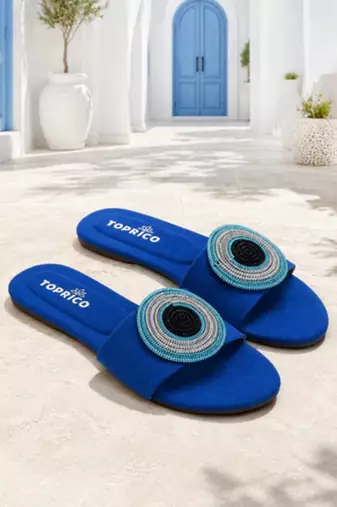 Blue beaded faux leather evil eye flats for women