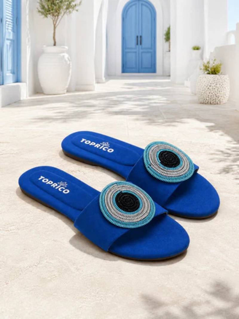 Blue beaded faux leather evil eye flats for women