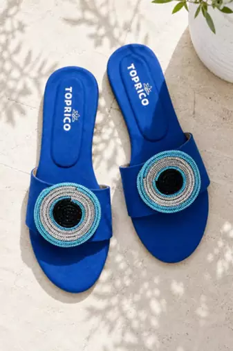 Blue beaded faux leather evil eye flats for women
