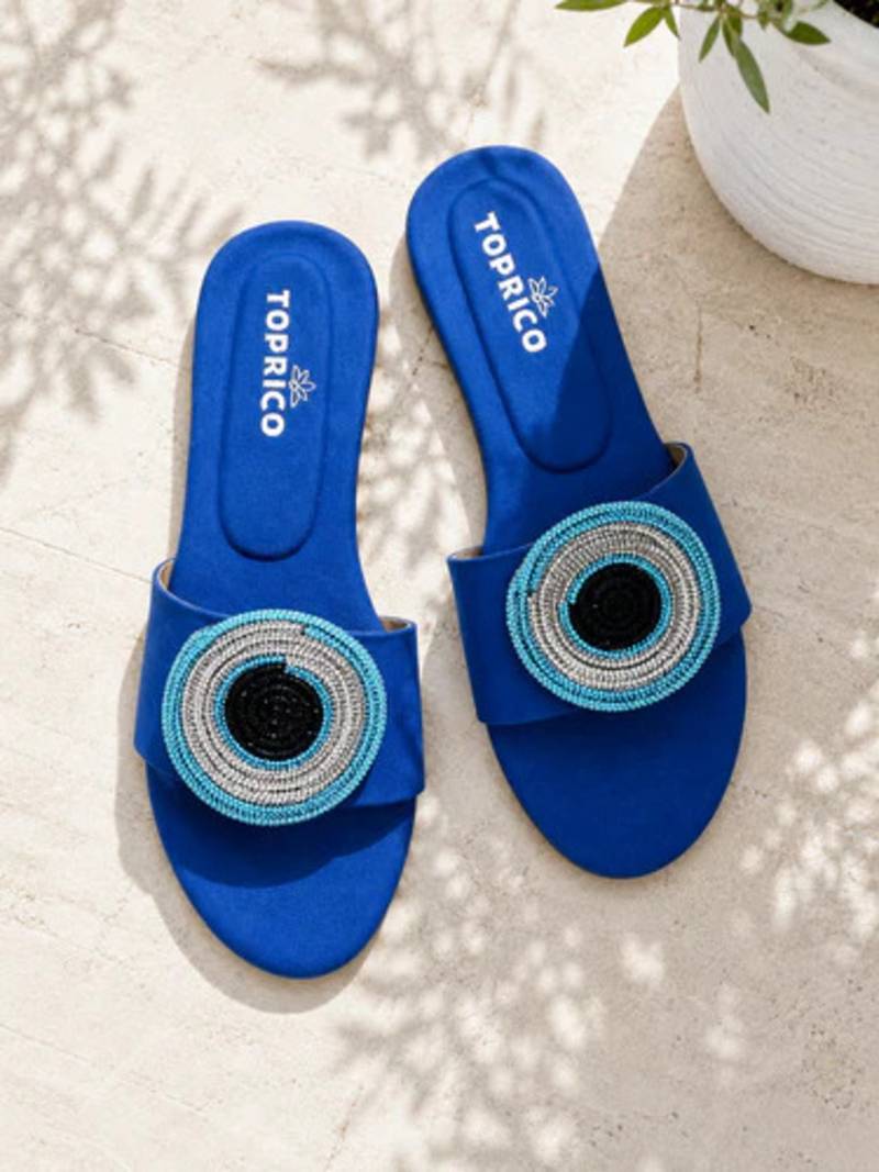 Blue beaded faux leather evil eye flats for women