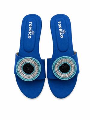 Blue beaded faux leather evil eye flats for women 4