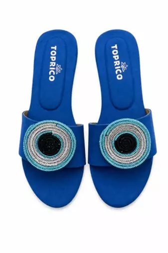 Blue beaded faux leather evil eye flats for women