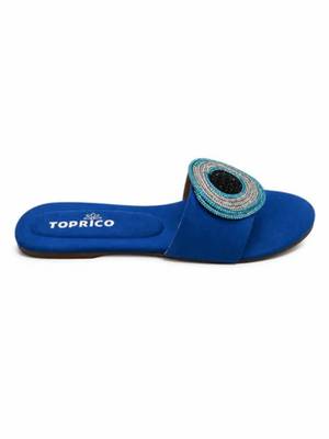 Blue beaded faux leather evil eye flats for women 5
