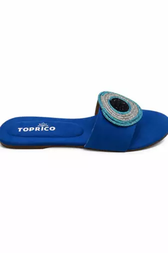 Blue beaded faux leather evil eye flats for women