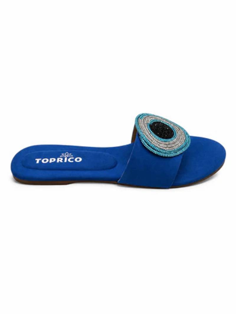 Blue beaded faux leather evil eye flats for women