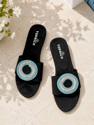 Black beaded faux leather evil eye flats for women 2