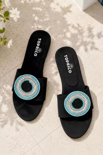 Black beaded faux leather evil eye flats for women