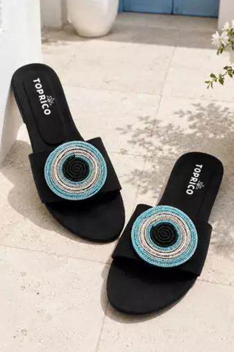 Black beaded faux leather evil eye flats for women