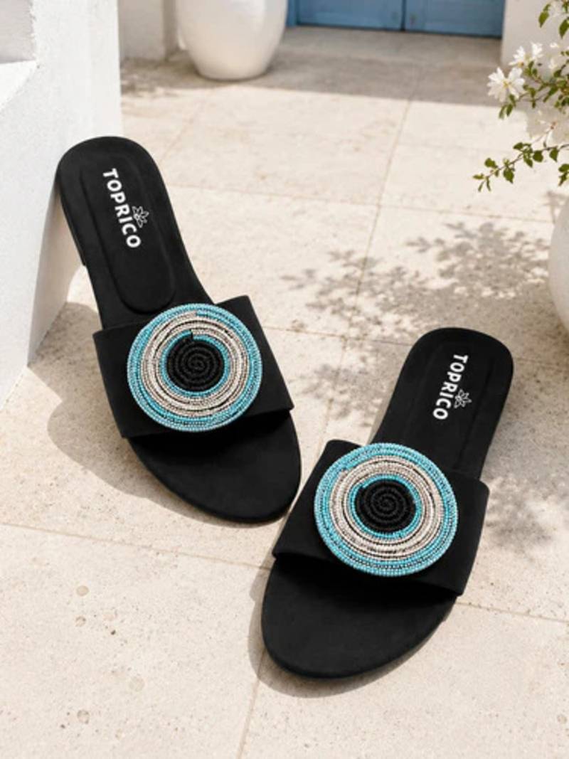 Black beaded faux leather evil eye flats for women