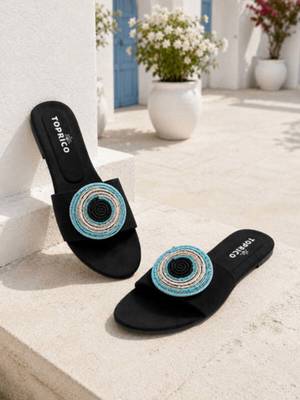Black beaded faux leather evil eye flats for women 4