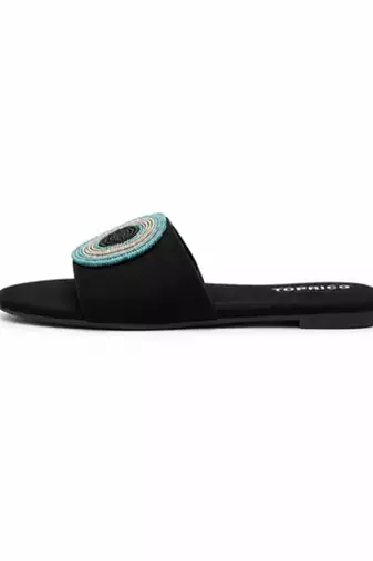 Black beaded faux leather evil eye flats for women