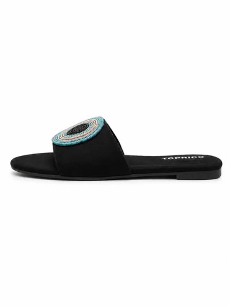 Black beaded faux leather evil eye flats for women