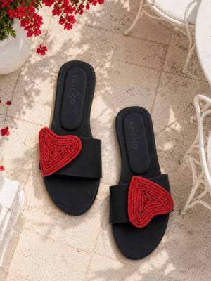 Black rhinestone faux leather heart flats for women 1