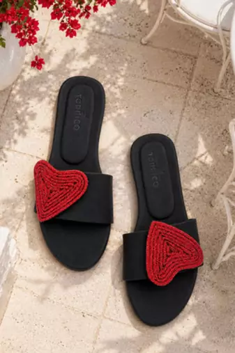 Black rhinestone faux leather heart flats for women