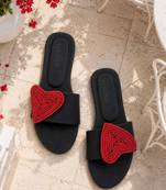 Black rhinestone faux leather heart flats for women
