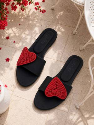 Black rhinestone faux leather heart flats for women 2