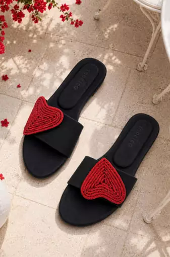 Black rhinestone faux leather heart flats for women