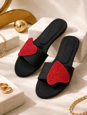 Black rhinestone faux leather heart flats for women 3