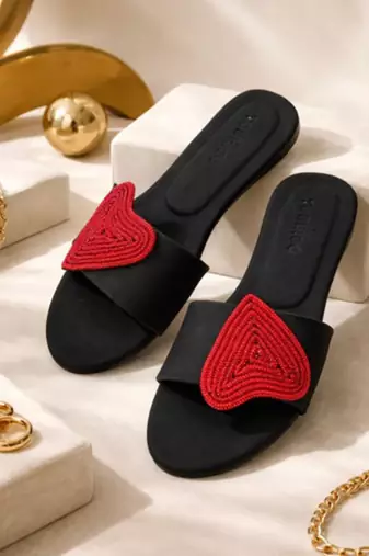 Black rhinestone faux leather heart flats for women