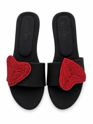 Black rhinestone faux leather heart flats for women 4