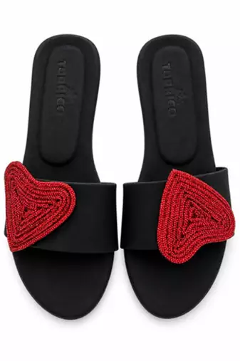 Black rhinestone faux leather heart flats for women