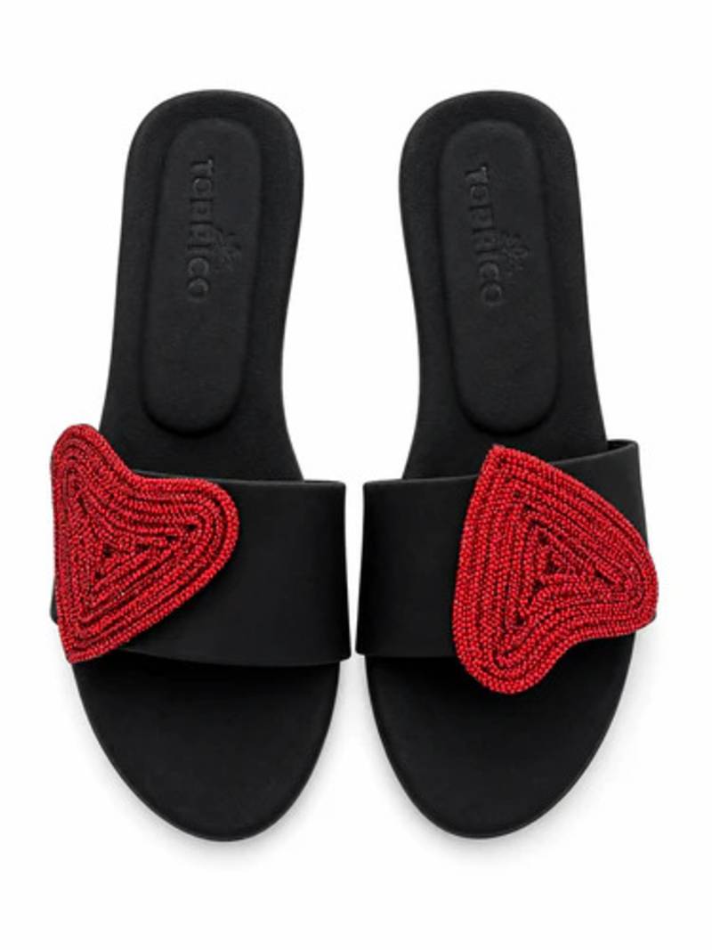 Black rhinestone faux leather heart flats for women