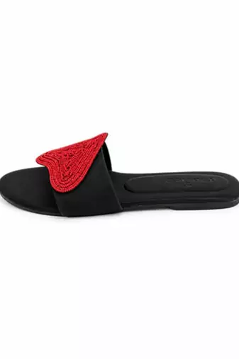 Black rhinestone faux leather heart flats for women