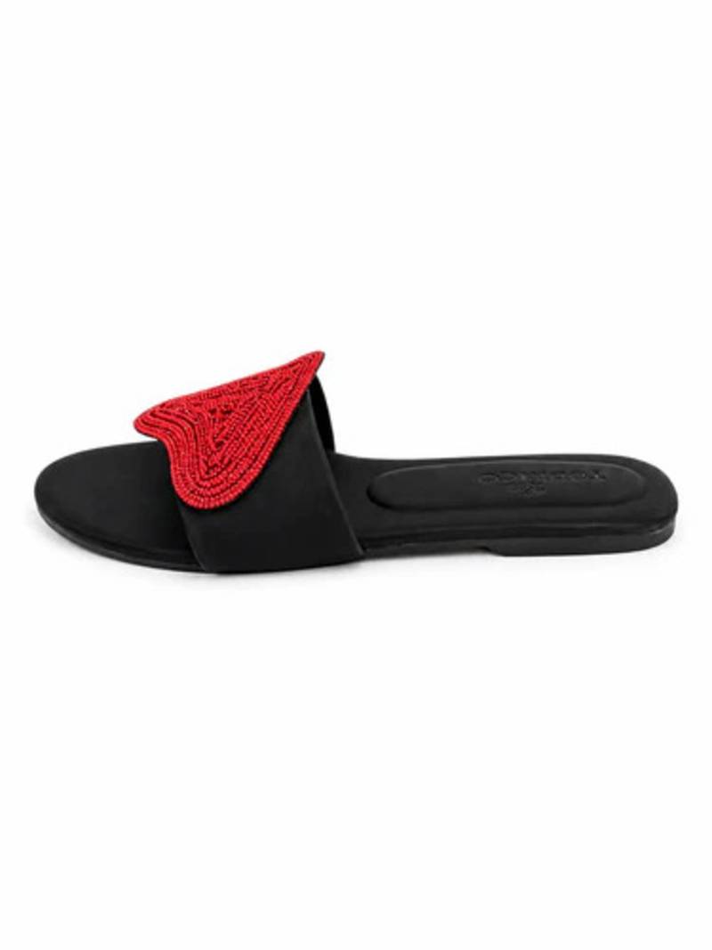 Black rhinestone faux leather heart flats for women