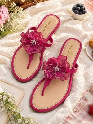 Pink beaded faux leather t-strap flower flats for women 1
