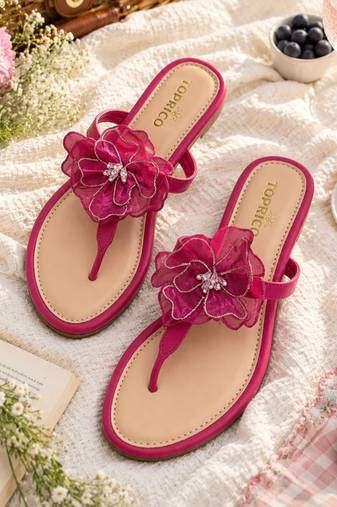 Pink beaded faux leather t-strap flower flats for women