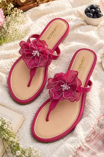 Pink beaded faux leather t-strap flower flats for women
