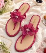 Pink beaded faux leather t-strap flower flats for women