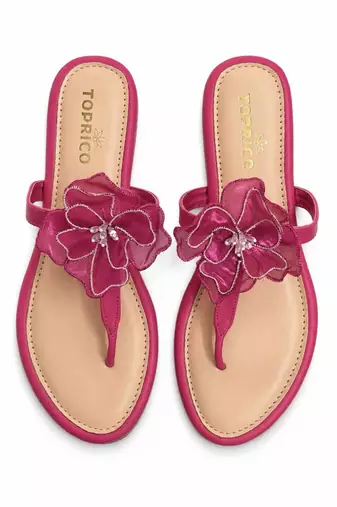 Pink beaded faux leather t-strap flower flats for women