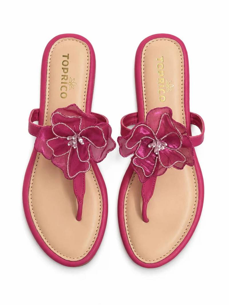 Pink beaded faux leather t-strap flower flats for women