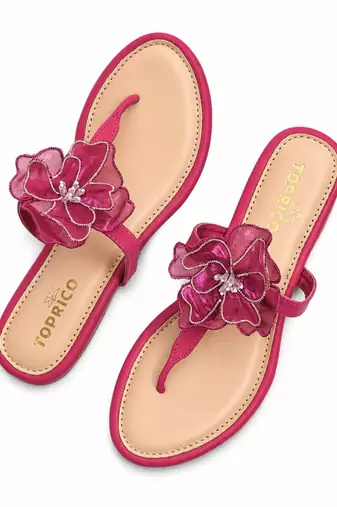 Pink beaded faux leather t-strap flower flats for women