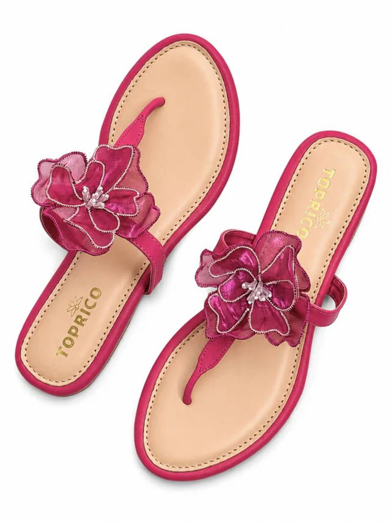 Pink beaded faux leather t-strap flower flats for women