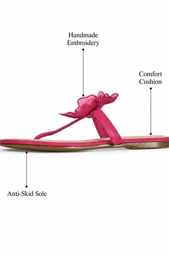 Pink beaded faux leather t-strap flower flats for women